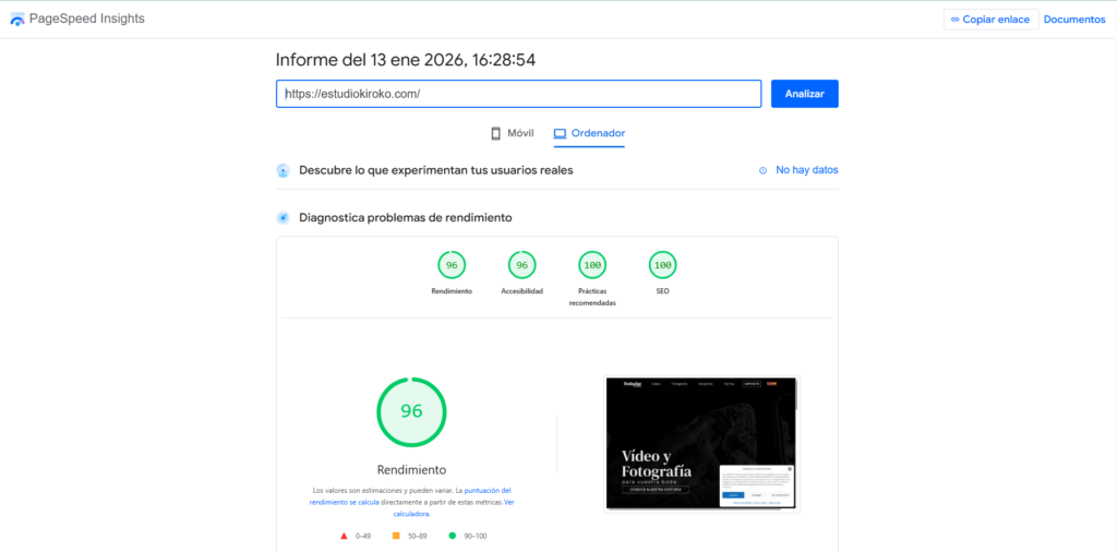 Diseño de página web para estudio de videografia y fotografia para bodas Kiroko